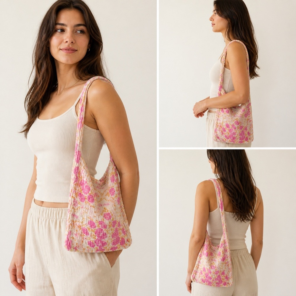 Free People Pink Floral Cotton Gauze Small Tote Bag OS Boho Reusable